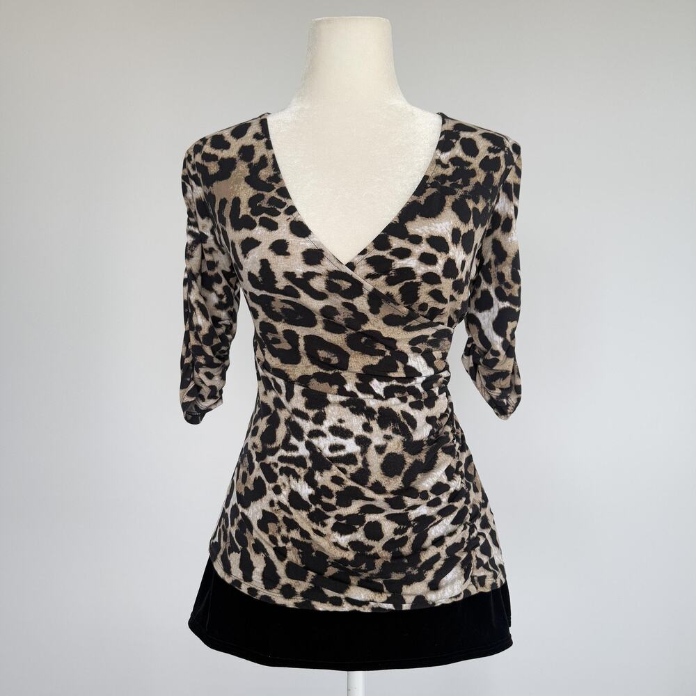Style & Co Blouse Womens PM Brown Leopard Surplice V Neck Stretch Jersey Top